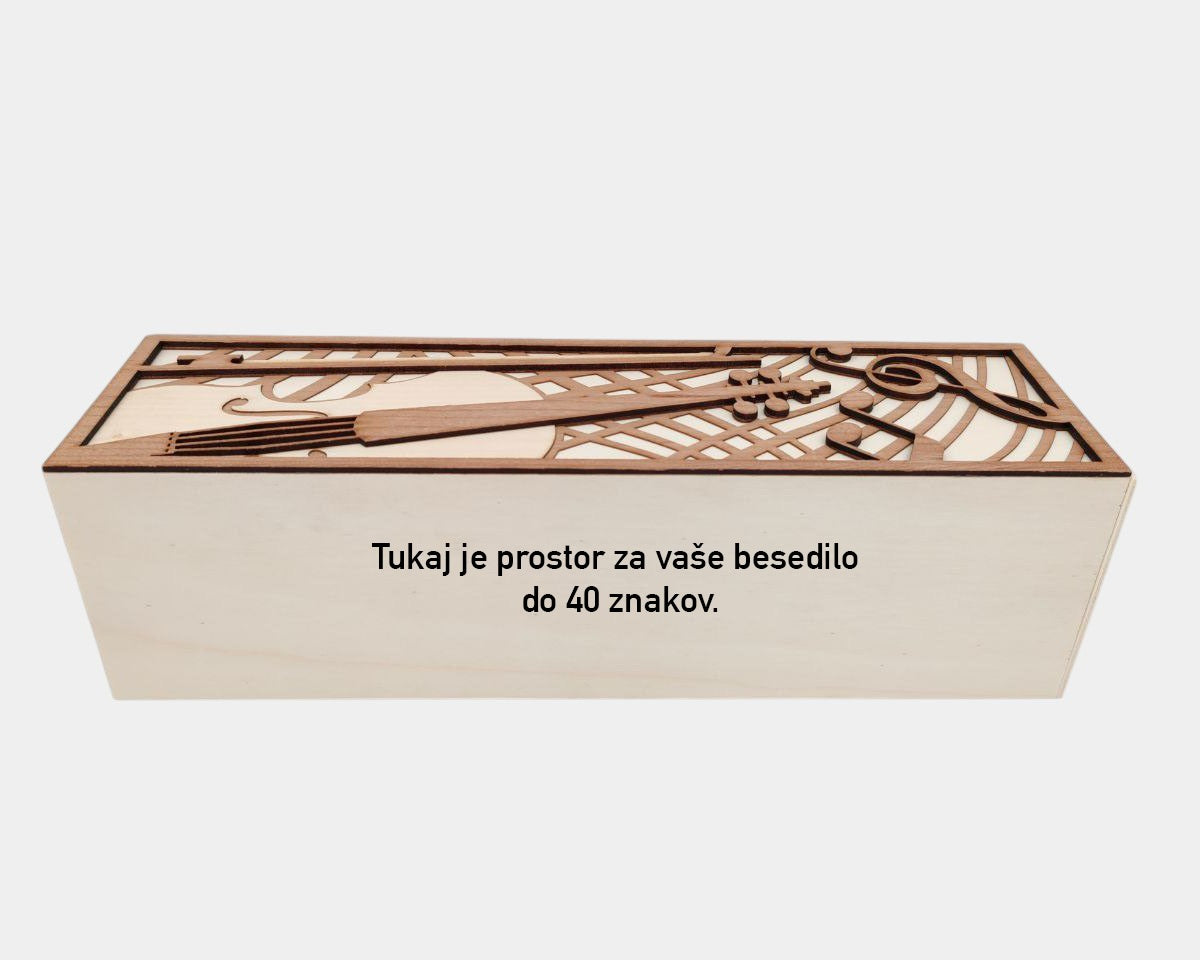 Lesena darilna škatla. Motiv violina. Prikaz besedila. Graviranje. Personalizirano.