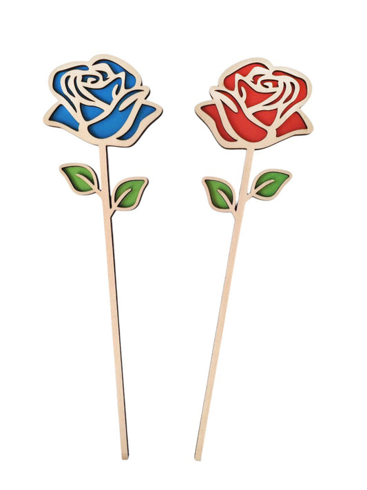 Rdeča in modra lesena vrtnica za darilo, za rojstni dan, za dan žena, za učiteljico, za materinski dan, za ženo, za ljubico, za valentinovo.