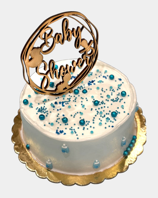 Leseni topper baby shower. Račka, duda, dojenček. Okrogel toper oz. napis za torto. Topper po naročilu. Leseni topper za torto.  Topper v torti z modrimi kroglicami in zlato podlogo. Okraski za torto, figurice za torto.